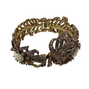 J Crew Gold Pave Feather Crystal Statement Bangle Bracelet Vintage A1-12